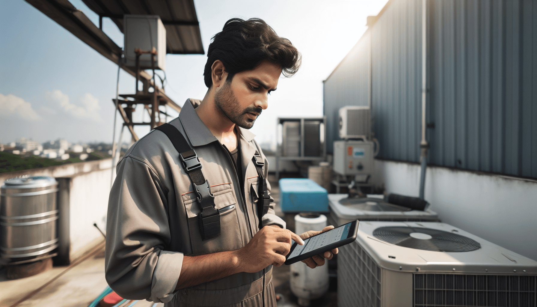 Technician using mobile field service management software in front of service vehicle
