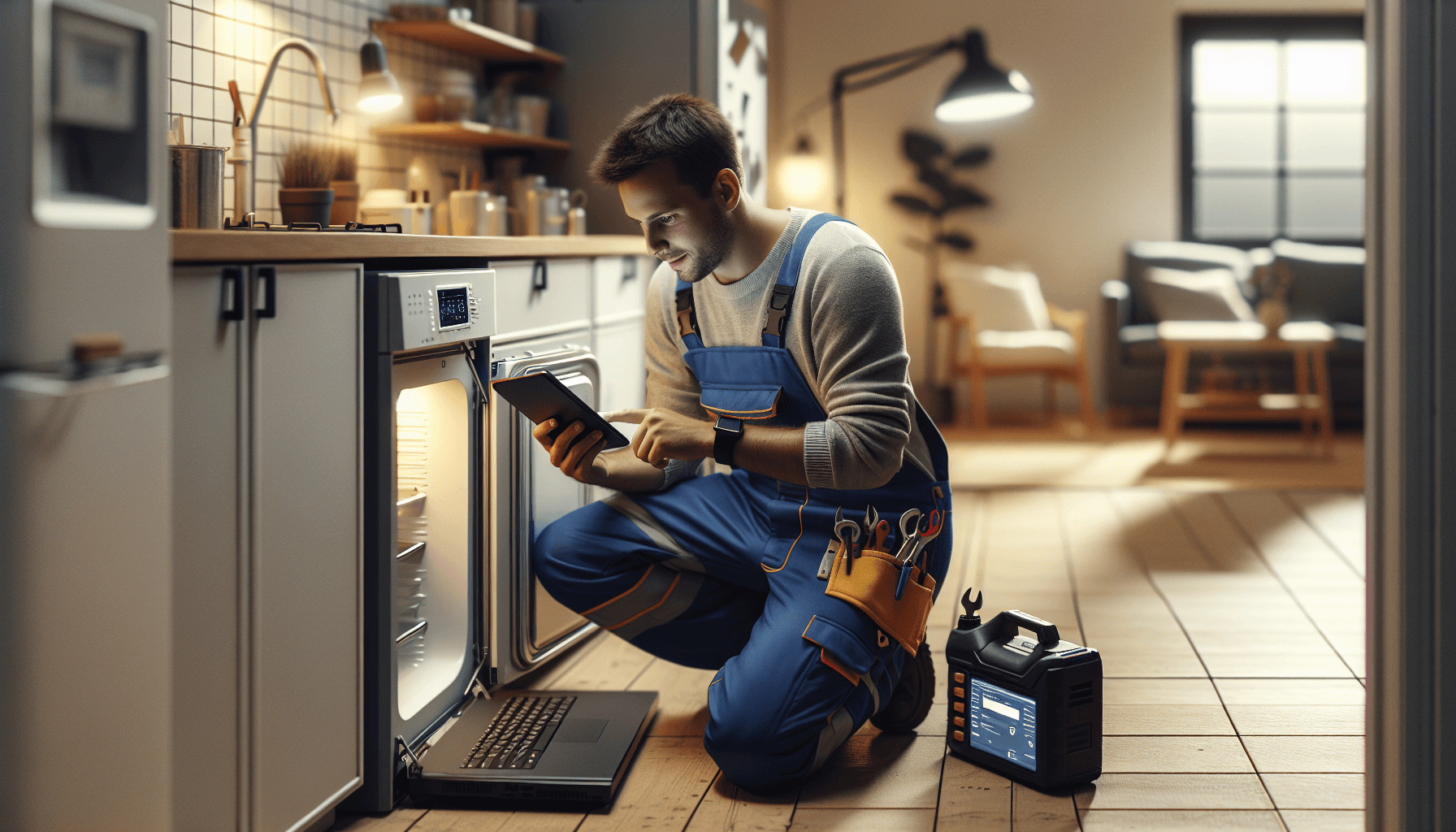 Choosing the Right Field Service Management Software for Your Business A business owner choosing field service management software on a digital tablet, surrounded by icons representing various service industries.