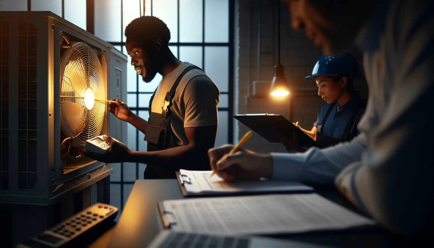 A collage of various field service professionals using management software on digital devices