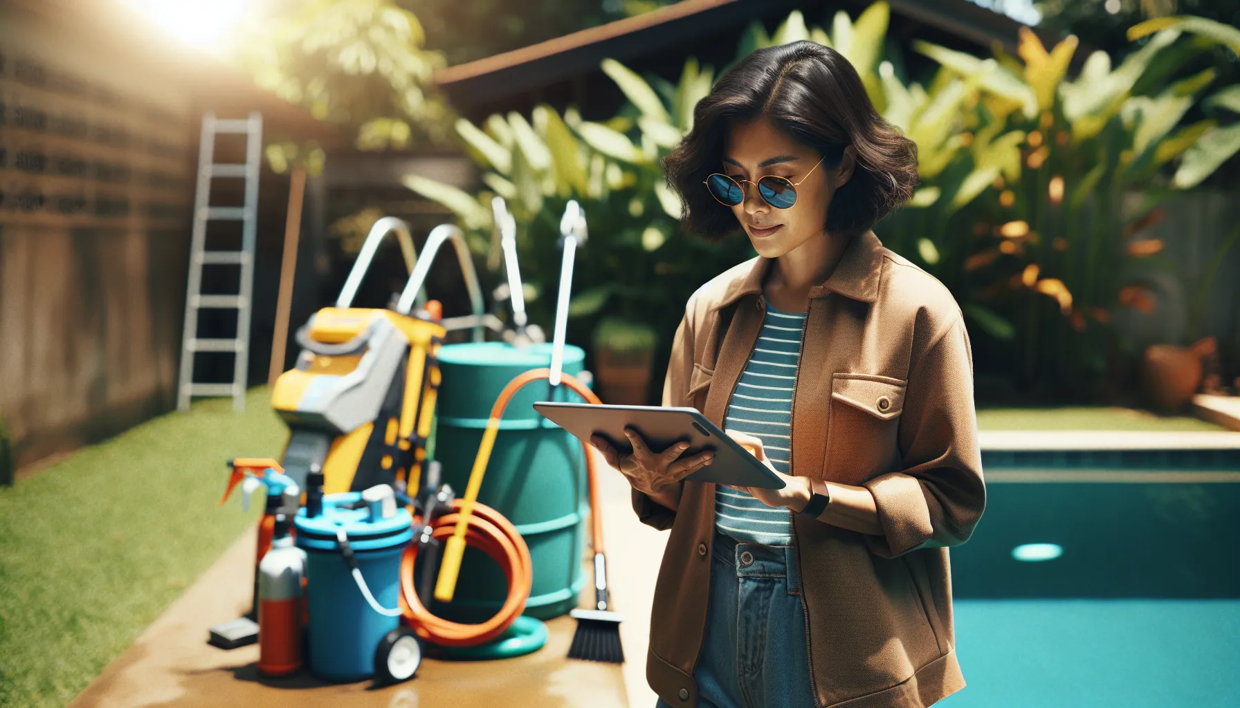 Pool Cleaning Business Software for Small Teams Person using pool cleaning business software on a tablet by a pool