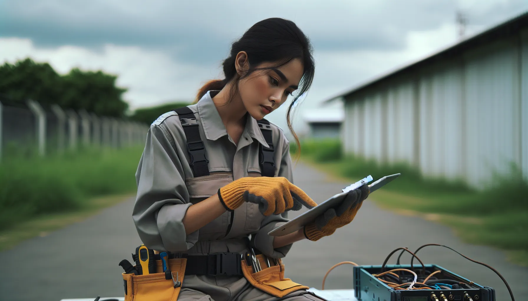 Field Service Technician Performance Metrics Analysis Field service technician analyzing performance metrics on a tablet